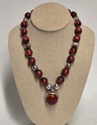 Vintage Sterling Silver Red Tiger's Eye Beaded Necklace & Cabochon Pendant