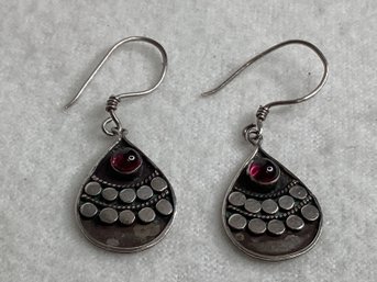 Sterling Silver Beaded Earrings With Garnet Inlay