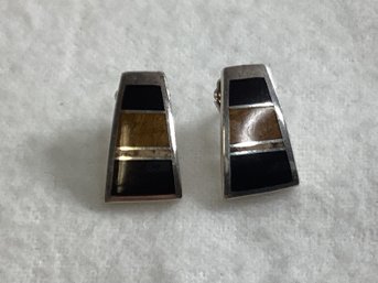Vintage Sterling Silver Inlay Onyx Tiger Eye Earrings