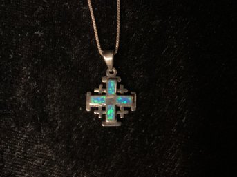 Sterling Silver Blue Opal Jerusalem Cross Pendant Necklace