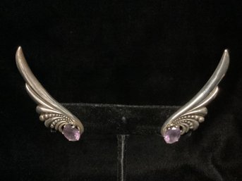 Vintage Charles Sherman Sterling Silver Angel Wing Drop Earrings With Amethyst Gemstones