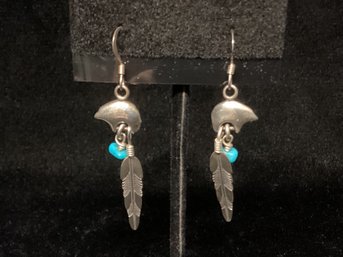 Vintage Native American Navajo Sterling Silver Bear & Turquoise Feather Earrings