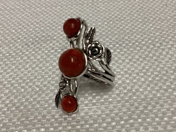 BBJ Sterling Silver Floral Ring Featuring 3 Bezel-set Red Gemstones