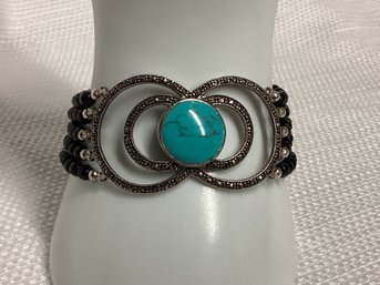 Vintage Sterling Silver Multi-strand Black Beads & Turquoise Bracelet