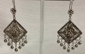 Vintage Sterling Silver Filigree Dangle Earrings Bead Drops