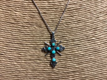 Charlie John Sterling Silver & Turquoise Navajo Cross Pendant Necklace