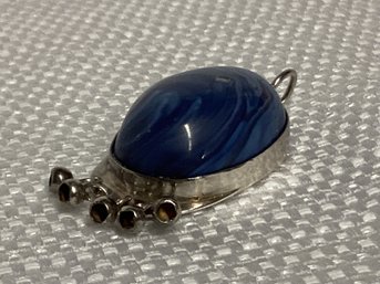 Vintage Sterling Silver Pendant With Blue Agate Cabochon & Dangles
