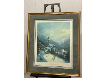 Thomas Kinkade - Moonlit Village - An Evening Service At  The Church On The Hill