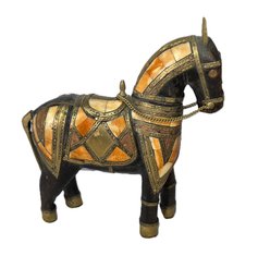 Carved Wood With Stone Inlay & Brass Accents Armored Horse Figurine
