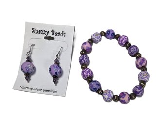 Purple Bead Stretch Bracelet And Sterling Silver Earwire Earrings