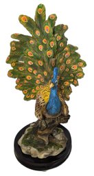 Peacock Figurine On Wooden Base