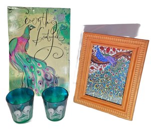 Peacock Metal Wall Hanging Framed Picture Glass Candle Holders