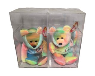 New 1996 Peace Beanie Babies Rainbow Bears In Display Cases