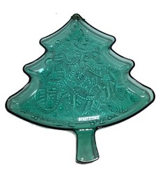 Vintage Indiana Glass Green Christmas Tree Serving Platter With Original Box