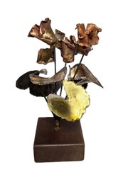 Vintage MCM Brutalist Copper Brass Sculpture On Wood Base