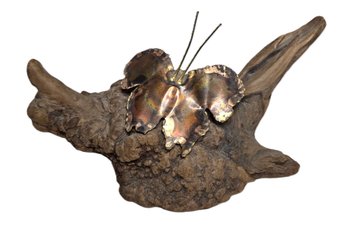 Vintage Copper Brass Butterfly On Driftwood Base