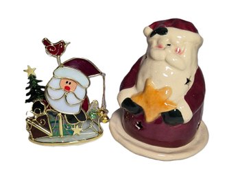 Stained Glass And Ceramic Santa Candle Holders