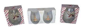 New In Box Rhinestone And Enamel Embellished Stemless Christmas Wine Glasses