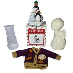 Christmas Collectibles Penguin Puffin Salt & Pepper Swedish Crystal Candle Holder Vintage Kissing Angel
