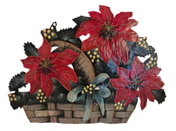 Hand Crafted & Painted Artist Signed Metal Poinsettia Christmas Art On Stand