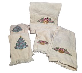 Embroidered Christmas Tree And Garland And Bells Towels