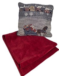 Red Velvet Table Mantle Runner Blue Christmas Santa & Horse Pillow
