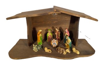 Vintage Japan Mid Century Chalkware Nativity Set With Lighted Wooden Barn