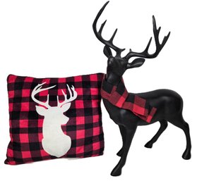 Red Plaid Reindeer Pillow And Large Black Deer Figurine