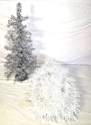 Tabletop Silver Tinsel Tree And White Tinsel Garland