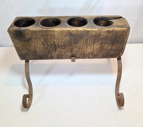 Primitive Hand Carved Wooden Sugar Mold Candle Holder On Wrought Iron Stand
