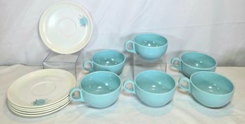 Set Of 6 1950s Brookpark Melmac Melamine Fantasy Turquoise Cups & Saucers