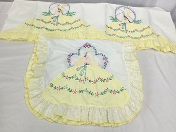 Hand Embroidered Lace Pillowcases & Dresser Doily