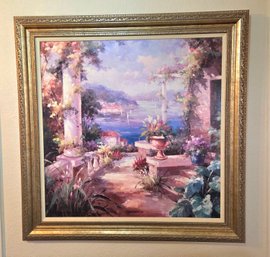 Marco Blanco 'Flower Terrace' Mediterranean Gold Framed Textured Art Print