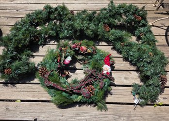 Artificial Christmas Wreath And 2 Pinecone Garlands Plus Storage Tub