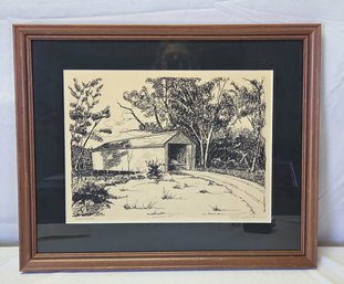 Signed Framed R Youngblood Charcoal Print Of Greenbush, IL Covered Bridge