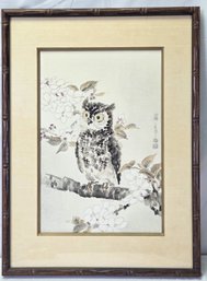 1950s Japanese Signed Woodblock Print Owl And Cherry By Eiichi Kotozuka