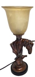 Horse & Foal Glass Shade Copper Tone Table Lamp