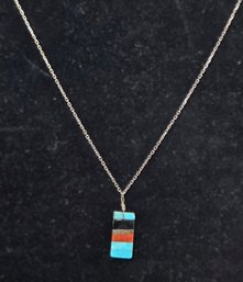 Turquoise Inlay Pendant Italian Sterling Silver 925 Chain