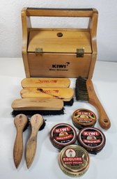 Vintage Kiwi Shoe Shine Groomer Wooden Box Tote Foot Rest Polish Brushes USA
