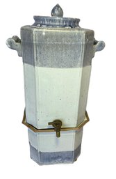 Vintage Signed Hand Crafted Pottery Beverage Dispenser On Stand