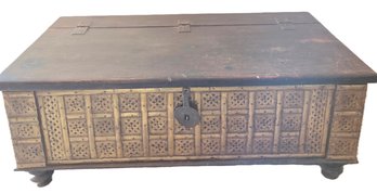 Fabulous Antique Wooden Brass And Iron Hinged Coffee Table Storage Chest