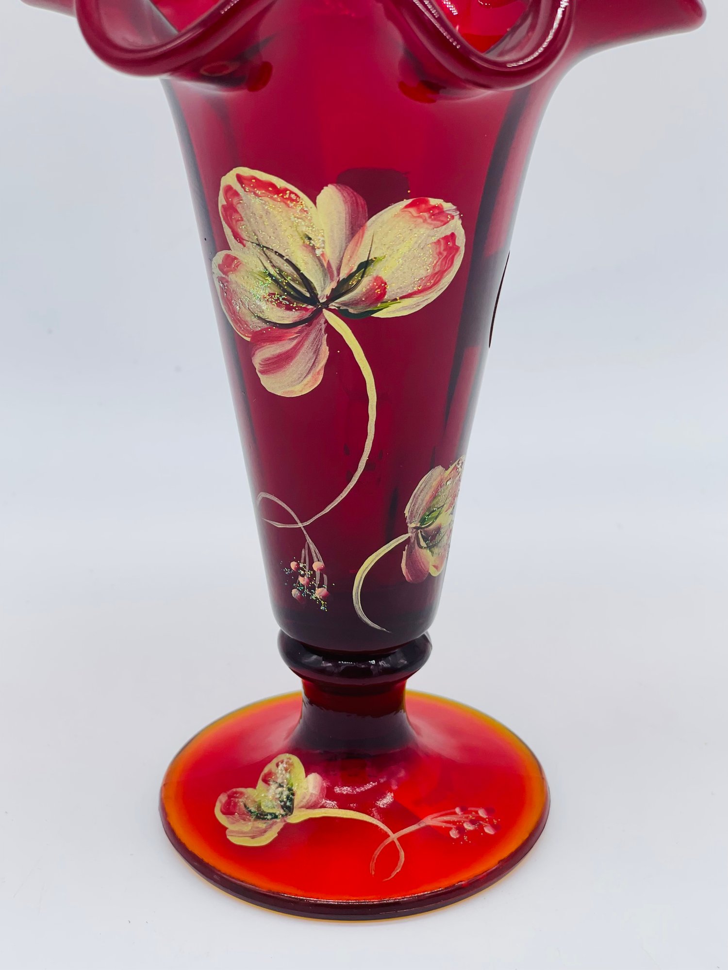Fenton Art Glass Ruby Red Hand Painted Signed Ruffle Edge Vase #1676 ...