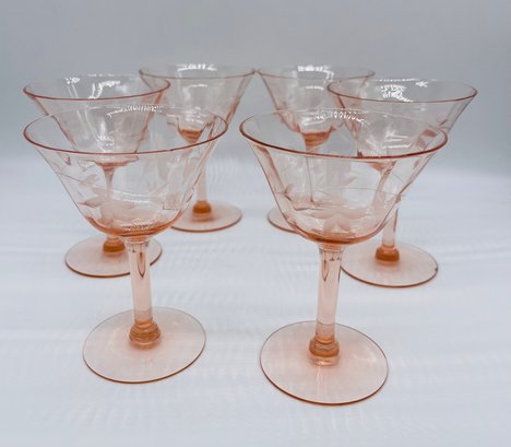 Vintage Set Of Six Pink Depression Etched Champagne Glasses