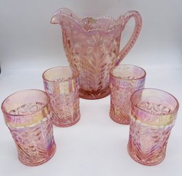 Pink Imperial Glass Luster Tiger Lily Carnival Glass Iridescent Water Lemonade Pitcher Set W/ Four Tumblers