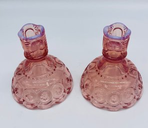 Vintage Mid Century LE Smith Moon And Star Pattern Pink Blush Opalescent Glass Pair Candle Holders