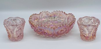Group Lot Three Pieces Pink Luster Vintage Mid Century LE Smith Glass Bowl Toothpick Holders
