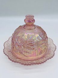Art Imperial Glass Ohio Pink Carnival Luster Open Rose Covered Butter Dish