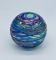 GES Glass Eye Studio Iridescent Threaded Art Glass Paperweight Round Blown Glass