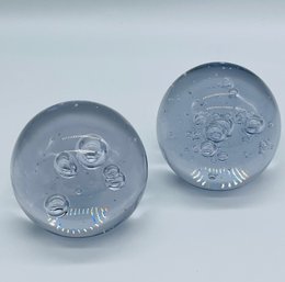Pair Controlled Bubble Crystal Art Glass Paperweight