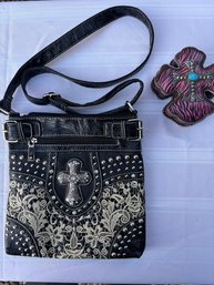 Justin West Floral Laser Cut Western Rhinestone Cross Handbag Pursewith Concealed Carry Pocket